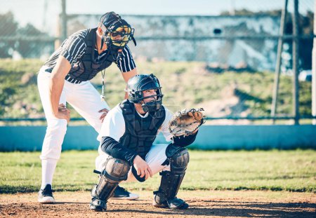 Photo for Sports, umpire and baseball with man on field for fitness, training and competition match. Strike, home run and catcher with athlete playing game in park stadium for league, pitchers and exercise. - Royalty Free Image