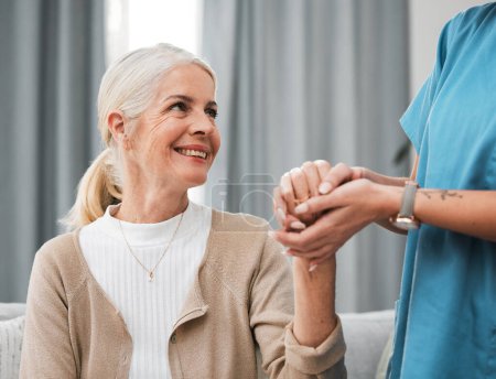News, happy old woman or nurse holding hands in hospital consulting for medical test results for support. Empathy, hope or trusted doctor in healthcare clinic nursing or helping sick elderly patient.