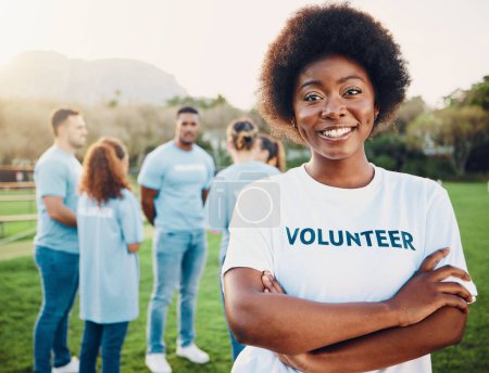Photo for Black woman in portrait, volunteer and smile with eco friendly help, environment and sustainability, green and waste management. Cleaning, charity and team leader with happiness and community service. - Royalty Free Image