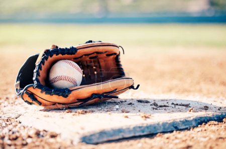 Photo for Sports, baseball and ball in glove on field ready for game, practice and competition outdoors. Fitness mockup, sport copy space and softball equipment on ground for exercise, training and workout. - Royalty Free Image