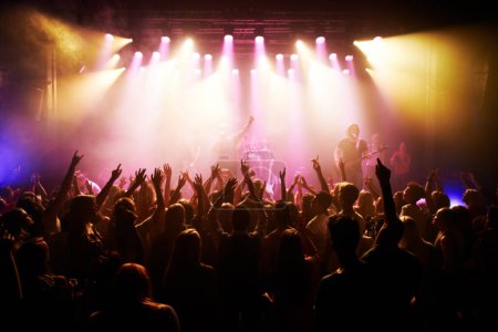 Photo for Festival, music and concert with energy of crowd cheering for live rock band on stage. Event, fans and happy people cheer for energetic performance at music festival in Los Angeles, USA - Royalty Free Image