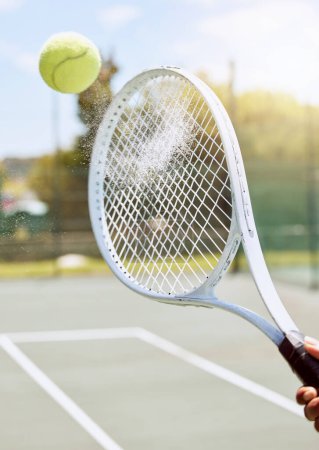 Photo for Hand, tennis court and ball game dust action with racket agility in tournament competition macro. Champion athlete equipment for professional match hit and serve on competitive sports ground - Royalty Free Image