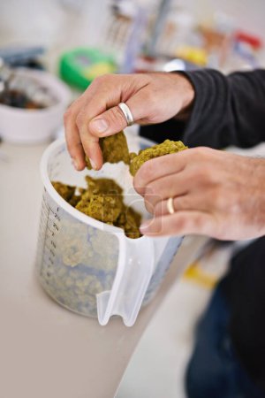Photo for Precision is key to a great brew. a man handling hops in a microbrewery - Royalty Free Image