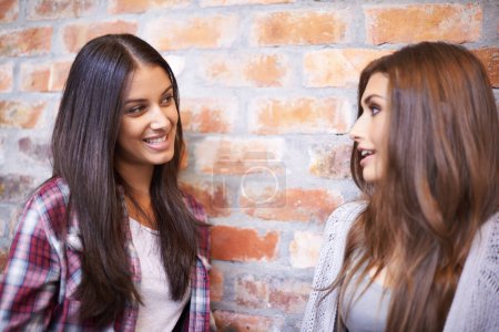 Foto de La educación siempre me pone una sonrisa en la cara. dos estudiantes universitarias hablando en el pasillo - Imagen libre de derechos