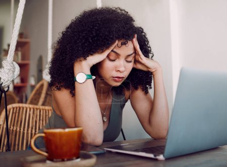 Photo for Black woman, laptop and headache from stress, anxiety or overworked in remote business at home. African American female holding head and suffering from burnout, mental health issues or bad difficulty. - Royalty Free Image
