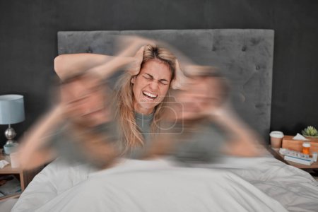 Photo for Mental health, bipolar disorder and depressed woman in bed with blur motion showing sad, headache or frustrated suffering. Multiple personalities, stress and lady in pain, emotional and schizophrenia. - Royalty Free Image