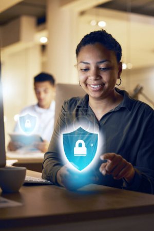Photo for Phone hologram, cybersecurity or night woman with digital banking safety, password protection or biometric fintech lock. Smartphone cyber security, mobile data encryption or African girl with shield. - Royalty Free Image