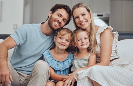 Photo for Portrait, mother and father with girls, smile and bonding on sofa for break, quality time and happiness. Love, family and parents with daughters, loving and joy for childcare, mama and dad with kids - Royalty Free Image