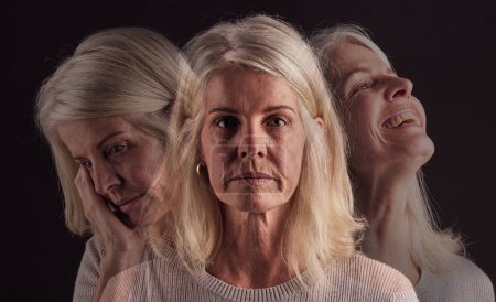 Photo for Senior woman, bipolar or mental health for depression, psychology or mood swings. Mature female, depressed or schizophrenia with identity crisis, trauma anxiety or problem with portrait, sad or smile. - Royalty Free Image
