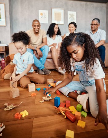 Photo for Family, happy and children playing with blocks for education, learning and curiosity. Living room, playful and kids with toys for mental development, childhood and hobby with parents and grandparents. - Royalty Free Image