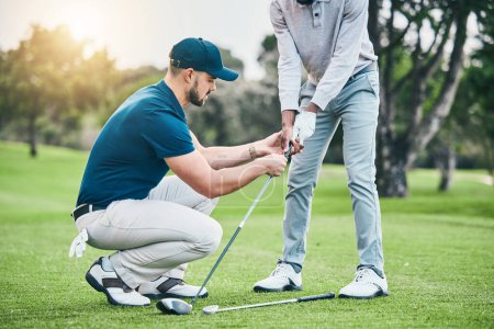 Golf lesson, teaching and sports coach help man with swing, putt and stroke outdoor. Lens flare, green course and club support of a athlete ready for exercise, fitness and training for a game.