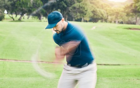 Photo for Golf, motion blur and hobby with a sports man swinging a club on a field or course for recreation and fun. Golfing, grass and training with a male golfer playing a game on a green during summer. - Royalty Free Image