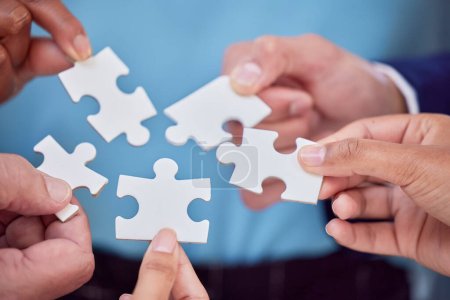 Photo for Hands, puzzle and team closeup of collaboration, creative and partnership, unity and cooperation. Zoom, hand and jigsaw formula by business people with synergy, teamwork and integration or strategy. - Royalty Free Image