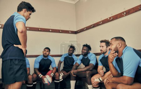 Photo for Locker room, motivation and rugby team with coach or captain in strategy discussion or game plan. Training, coaching and group of sports players planning teamwork with leader in cloakroom together - Royalty Free Image