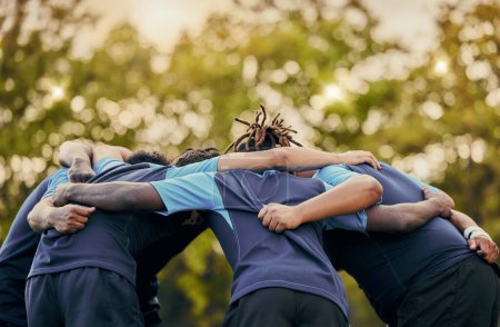 Team, men and huddle in sports for support, motivation or goals for coordination outdoors. Sport group and rugby scrum together for fitness, teamwork or success in collaboration before match or game.