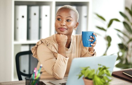 Photo for Black woman at desk, thinking with coffee cup and relax with ideas for content creation at digital marketing startup. Copywriter, laptop and female, contemplating and inspiration for copywriting job. - Royalty Free Image