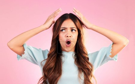 Photo for Wow, confused and woman in studio surprised, omg and mind blown gesture on pink background. Wtf, shocked and open mouth by girl shocked, puzzled or with doubt emoji, decision or choice while isolated. - Royalty Free Image