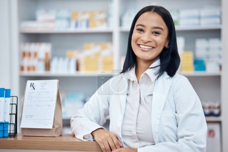 Pharmacy portrait, medicine package and pharmacist in drugs store, pharmaceutical shop or healthcare dispensary. Hospital retail manager, pills stock product and happy medical woman for help support.