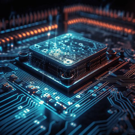 Photo for Computer hardware, CPU and circuit board with technology abstract, microchip and motherboard closeup. Cyber tech, cloud computing and processor, AI and digital drive with pc system and electronics. - Royalty Free Image