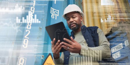 Photo for Tablet, overlay and black man in delivery logistics by containers working on the stock, cargo or inventory checklist. Industrial worker counting export numbers of freight for supply chain warehouse. - Royalty Free Image