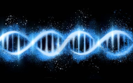 Estructura de ADN, código genético aislado sobre fondo negro, ciencia con azul neón y luz brillante. Evolución, hélice y célula del genoma molecular, ARN con gen y vínculo con científico y abstracto.