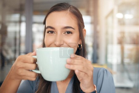 Photo for Coffee drink, face portrait and woman drinking hot chocolate, tea cup or relax morning beverage for hydration wellness. Caffeine, female business manager or corporate office person with espresso mug. - Royalty Free Image