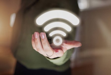 Photo for Woman hands, hotspot and wireless icon for network, signal and connection to technology, internet and website media. Closeup of digital connectivity, symbol and transmission of online data hologram. - Royalty Free Image