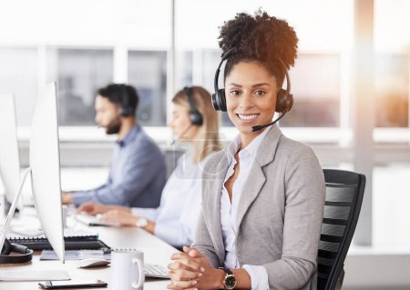 Happy, portrait and woman call center agent working on online consultation in the office. Crm, smile and African female customer service, telemarketing or sales consultant with headset in workplace