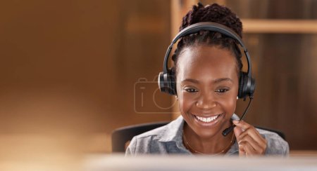 Photo for Call center, black woman and smile with space and face for telemarketing, sales and support. Professional female consultant or agent with a headset for customer service, crm and help desk or advice. - Royalty Free Image