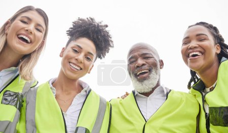 Photo for Architecture, teamwork and portrait of people for engineering, construction site and planning. Collaboration, building and happy man and women contractors for inspection, maintenance and project. - Royalty Free Image