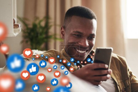 Photo for Happy, social media icons or black man with phone for content or online dating post relaxing on sofa. Love, emojis or African person on mobile app website or digital network with heart emoticons. - Royalty Free Image