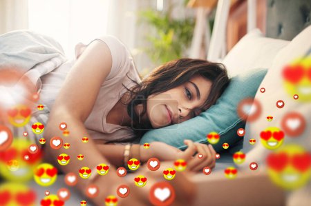Photo for Bed, love emoji or girl with a phone for communication, social media texting for online dating. Morning, graphic overlay or relaxed woman on mobile app website or digital network with heart emoticons. - Royalty Free Image