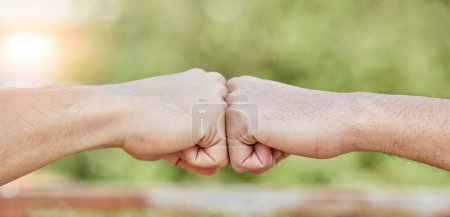 Photo for Closeup of people, hands and fist bump for success, teamwork and greeting outdoors. Friends, community and bumping hand for collaboration, motivation and trust of solidarity, support and cooperation. - Royalty Free Image