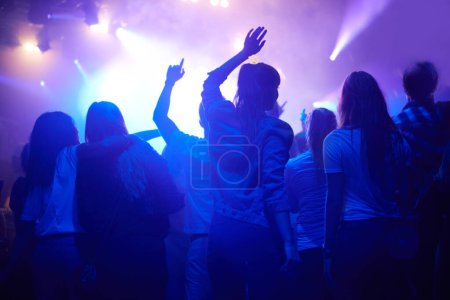 Téléchargez les photos : Violet, néon et les gens dansent au festival de musique de dos, nuit et énergie lors d'un concert en direct. Danse, plaisir et groupe de fans excités dans l'arène à la performance du groupe de rock ou foule à la fête - en image libre de droit