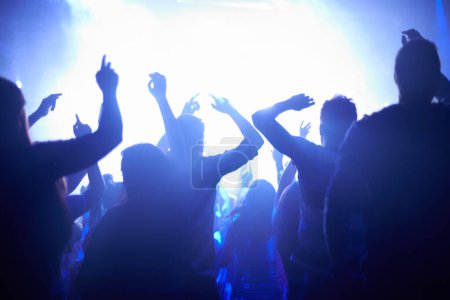Blue, neon lights and people dancing at music festival from back, lighting and energy at live concert event. Dance, fun and group of excited fans in arena at rock band performance or crowd at party