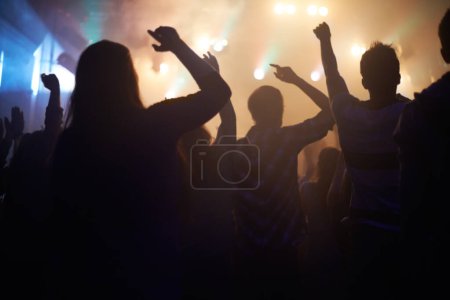 Lights, energy and people dancing at music festival from back, night and silhouette at live concert event. Dance, fun and group of excited fans in arena at rock band performance or crowd at party