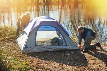 Téléchargez les photos : Installer leur petit nid au camping. un couple de personnes âgées installant une tente tout en campant dans le désert - en image libre de droit