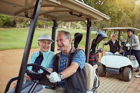 Photo for Retired and enjoying lifes small pleasures. a smiling senior couple riding in a cart on a golf course - Royalty Free Image