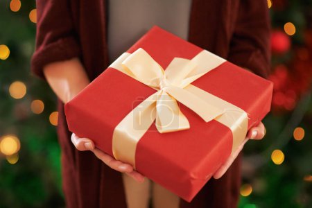 Téléchargez les photos : Donner le cadeau parfait. une personne tenant un cadeau de Noël - en image libre de droit