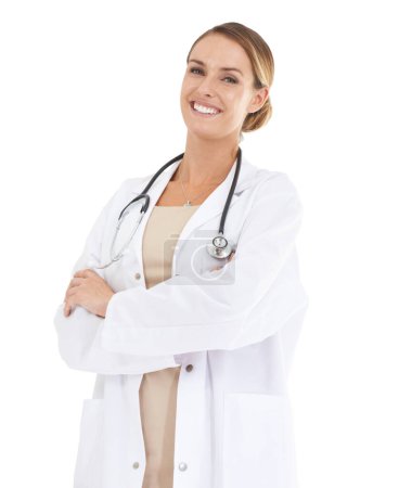 Foto de Confía en mí con tu salud. Una hermosa doctora sonriendo a la cámara con los brazos cruzados - Imagen libre de derechos