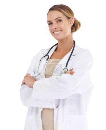 Foto de Sus opiniones médicas siempre son claras. Una hermosa doctora sonriendo a la cámara con los brazos cruzados - Imagen libre de derechos