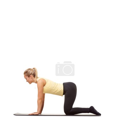 Foto de Alineando su espalda. Una joven en forma que baja la espalda sobre una alfombra de ejercicio mientras está aislada sobre un fondo blanco - Imagen libre de derechos