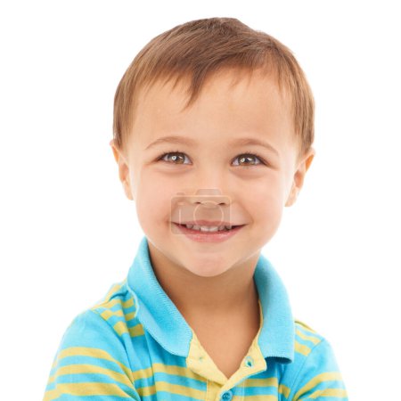 Photo for Hes got a bit of mischief in his eyes. Closeup studio portrait of a cute young boy isolated on white - Royalty Free Image