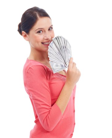 Photo for Happy, money and finance with portrait of woman for investment, success and growth. Cash, dollar and wow with face of girl customer isolated on white background for financial, deal and promotion. - Royalty Free Image