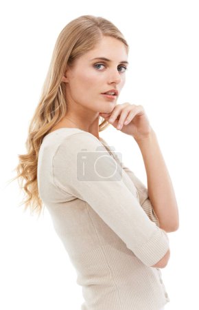 Foto de Algo en su mente... Retrato de estudio de una atractiva joven rubia aislada en blanco - Imagen libre de derechos