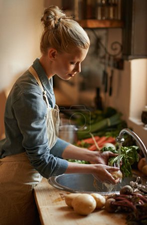 Téléchargez les photos : La nourriture est une passion... une jeune femme qui lave des légumes dans un évier - en image libre de droit
