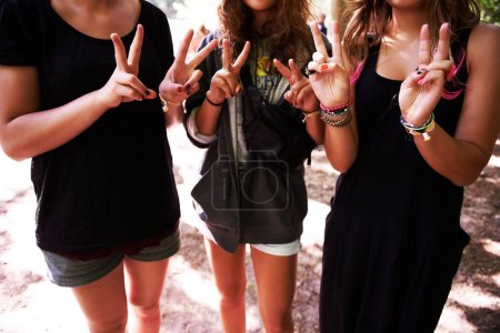 Foto de Paz y amor. Tres amigos mostrando la señal de paz en un festival al aire libre - Imagen libre de derechos