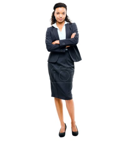 Photo for Corporate worker, portrait or arms crossed on isolated white background and ideas, vision goals or success mindset. Confident, business or woman in fashion suit with financial growth target on mockup. - Royalty Free Image