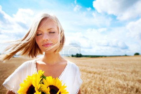 Téléchargez les photos : En harmonie avec la nature. Joyeux jeune femme debout dans un champ de blé et tenant quelques tournesols - en image libre de droit