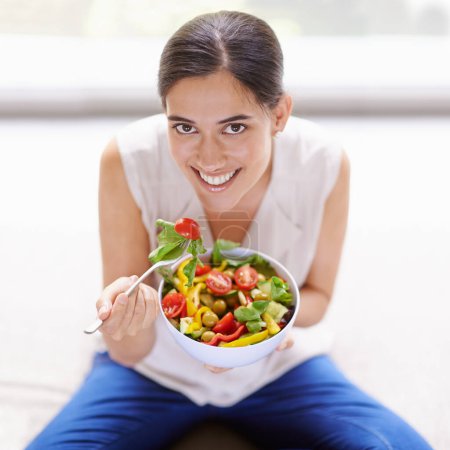 Photo for Happy woman, portrait smile and eating salad for healthy diet, food or nutrition at home. Female with bowl, fork or vegetables smiling for natural health, greens and wellness for dieting in happiness. - Royalty Free Image